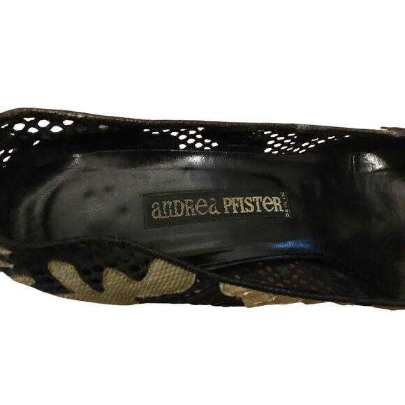 Vintage Andrea Pfister Black mesh Multi snake skin appliqué peep toe Pump - Picture 2 of 5